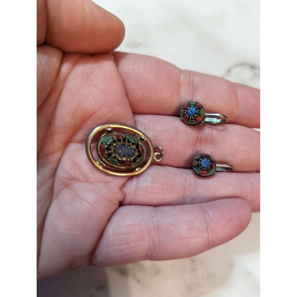 Sarah Coventry Jewelry - vtg 60s Sarah Coventry Old Vienna necklace pendent & matching clip on studs